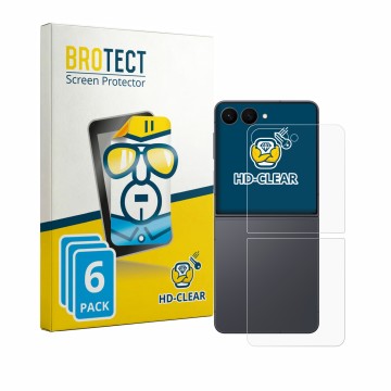 Face avant d’un emballage produit avec le logo de la marque BROTECT. À côté, l’appareil Samsung Galaxy Z Flip 8 (Arrière) est 