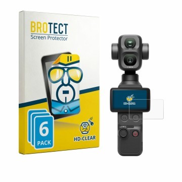 Front side of a product packaging with the brand logo BROTECT. Next to it is the device DJI Osmo Pocket 4P shown with the corr
