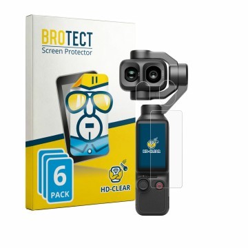 Vorderseite einer Produktverpackung mit dem Markenlogo BROTECT. Daneben ist das Gerät DJI Osmo Pocket 4P (Display + Linse) mit
