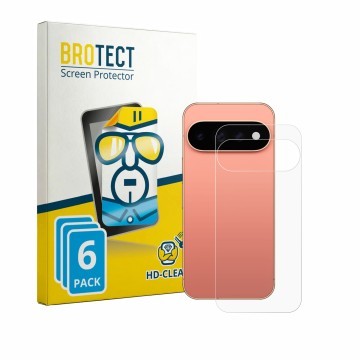 Vorderseite einer Produktverpackung mit dem Markenlogo BROTECT. Daneben ist das Gerät Google Pixel 11 Pro (Rückseite) mit dem 