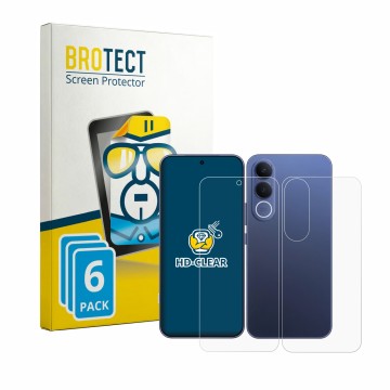 Parte frontal de un envase de producto con el logotipo de la marca BROTECT. Al lado se muestra el dispositivo Vivo V70 FE (Fro