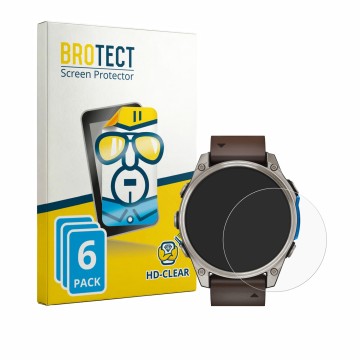 Front side of a product packaging with the brand logo BROTECT. Next to it is the device Garmin D2 Mach 2 (47 mm) shown with th