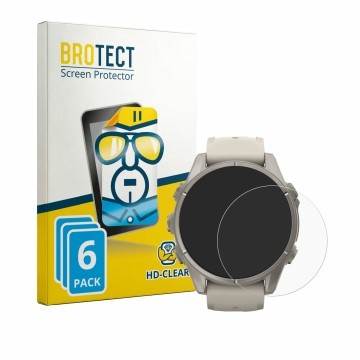 Parte frontal de un envase de producto con el logotipo de la marca BROTECT. Al lado se muestra el dispositivo Garmin Fenix 9 (