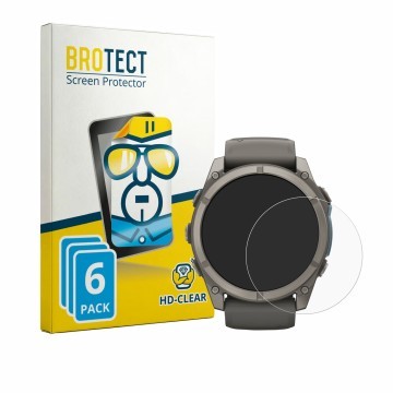 Parte frontal de un envase de producto con el logotipo de la marca BROTECT. Al lado se muestra el dispositivo Garmin Fenix 9 (