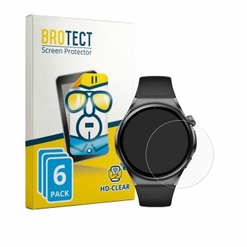 Front side of a product packaging with the brand logo BROTECT. Next to it is the device Huawei Watch 6 46 mm shown with the co