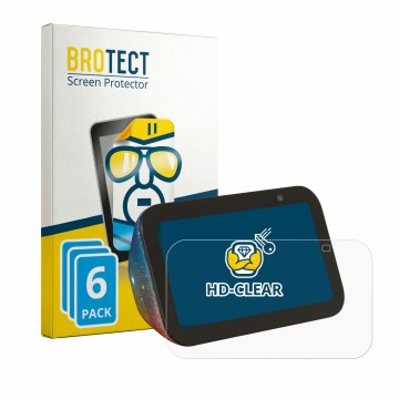 Vorderseite einer Produktverpackung mit dem Markenlogo BROTECT. Daneben ist das Gerät Amazon Echo Show 5 Kids mit dem zugehöri