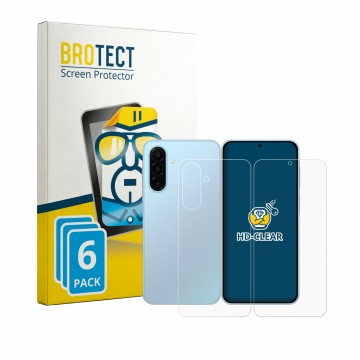 Parte frontal de un envase de producto con el logotipo de la marca BROTECT. Al lado se muestra el dispositivo Samsung Galaxy A