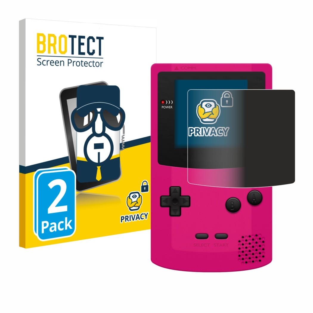 Front side of a product packaging with the brand logo BROTECT. Next to it is the device Nintendo Gameboy Color shown with the 