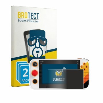 Parte frontal de un envase de producto con el logotipo de la marca BROTECT. Al lado se muestra el dispositivo My Arcade Atari 