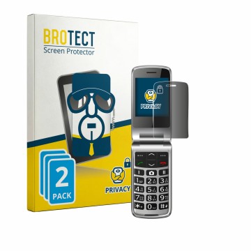 Vorderseite einer Produktverpackung mit dem Markenlogo BROTECT. Daneben ist das Gerät bea-fon SL645 mit dem zugehörigen Displa