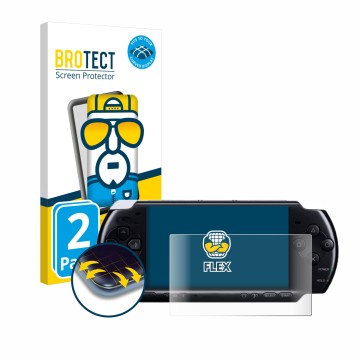 Vorderseite einer Produktverpackung mit dem Markenlogo BROTECT. Daneben ist das Gerät Sony PSP 3004 mit dem zugehörigen Displa