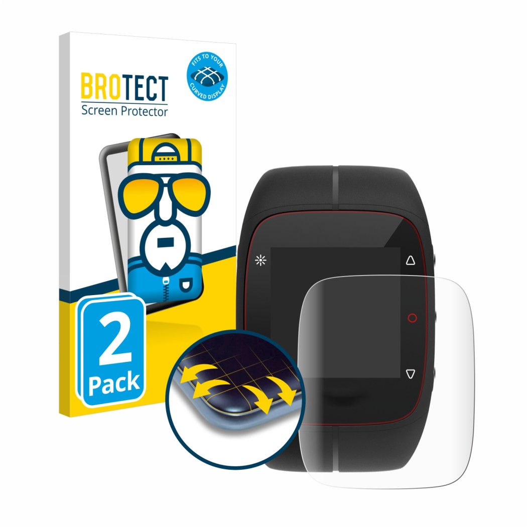 Front side of a product packaging with the brand logo BROTECT. Next to it is the device Polar M400 shown with the correspondin