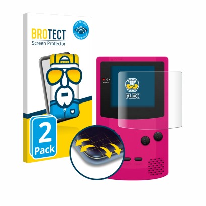 Front side of a product packaging with the brand logo BROTECT. Next to it is the device Nintendo Gameboy Color shown with the 