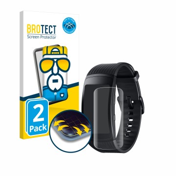 Parte frontal de un envase de producto con el logotipo de la marca BROTECT. Al lado se muestra el dispositivo Samsung Gear Fit