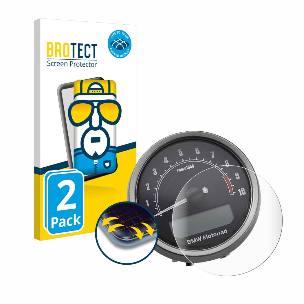 Front side of a product packaging with the brand logo BROTECT. Next to it is the device BMW R NineT Scrambler 2016-2019 Speedo