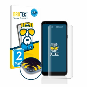 Face avant d’un emballage produit avec le logo de la marque BROTECT. À côté, l’appareil LG Q7 est représenté avec la protectio