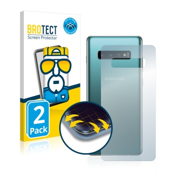 Front side of a product packaging with the brand logo BROTECT. Next to it is the device Samsung Galaxy S10 Plus (Back) shown w