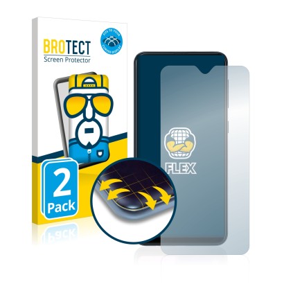 Front side of a product packaging with the brand logo BROTECT. Next to it is the device Samsung Galaxy A10 shown with the corr