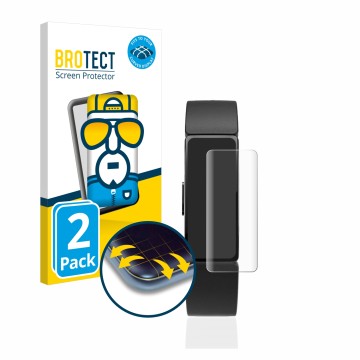 Parte frontal de un envase de producto con el logotipo de la marca BROTECT. Al lado se muestra el dispositivo Fitbit Inspire c