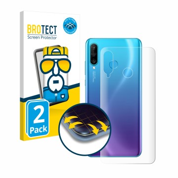 Vorderseite einer Produktverpackung mit dem Markenlogo BROTECT. Daneben ist das Gerät Huawei P30 lite (Rückseite) mit dem zuge