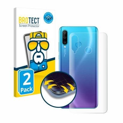 Front side of a product packaging with the brand logo BROTECT. Next to it is the device Huawei P30 lite (Back) shown with the 