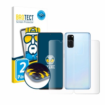 Face avant d’un emballage produit avec le logo de la marque BROTECT. À côté, l’appareil Samsung Galaxy S20 (Avant+Arrière) est