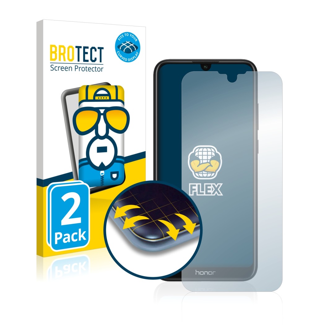 Front side of a product packaging with the brand logo BROTECT. Next to it is the device Honor 8A shown with the corresponding 