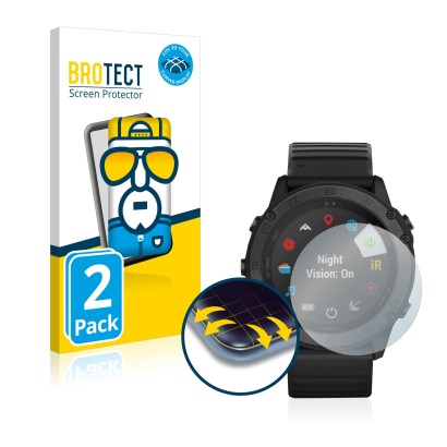 Front side of a product packaging with the brand logo BROTECT. Next to it is the device Garmin Tactix Delta shown with the cor