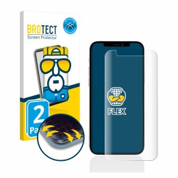 Front side of a product packaging with the brand logo BROTECT. Next to it is the device Apple iPhone 12 mini shown with the co