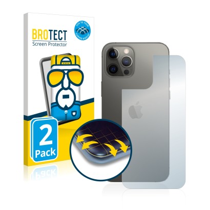 Front side of a product packaging with the brand logo BROTECT. Next to it is the device Apple iPhone 12 Pro Max (Back) shown w