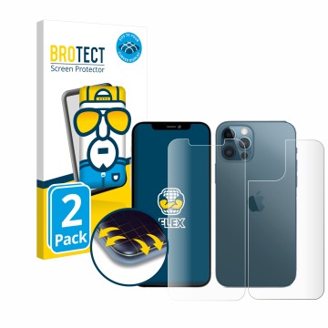 Front side of a product packaging with the brand logo BROTECT. Next to it is the device Apple iPhone 12 Pro Max (Front+Back) s