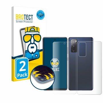Front side of a product packaging with the brand logo BROTECT. Next to it is the device Samsung Galaxy S20 FE (Front+Back) sho