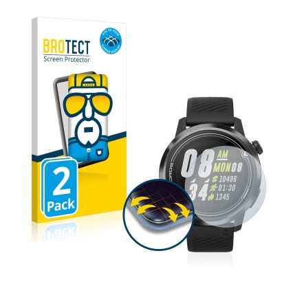 Parte frontal de un envase de producto con el logotipo de la marca BROTECT. Al lado se muestra el dispositivo Coros Apex (42 m