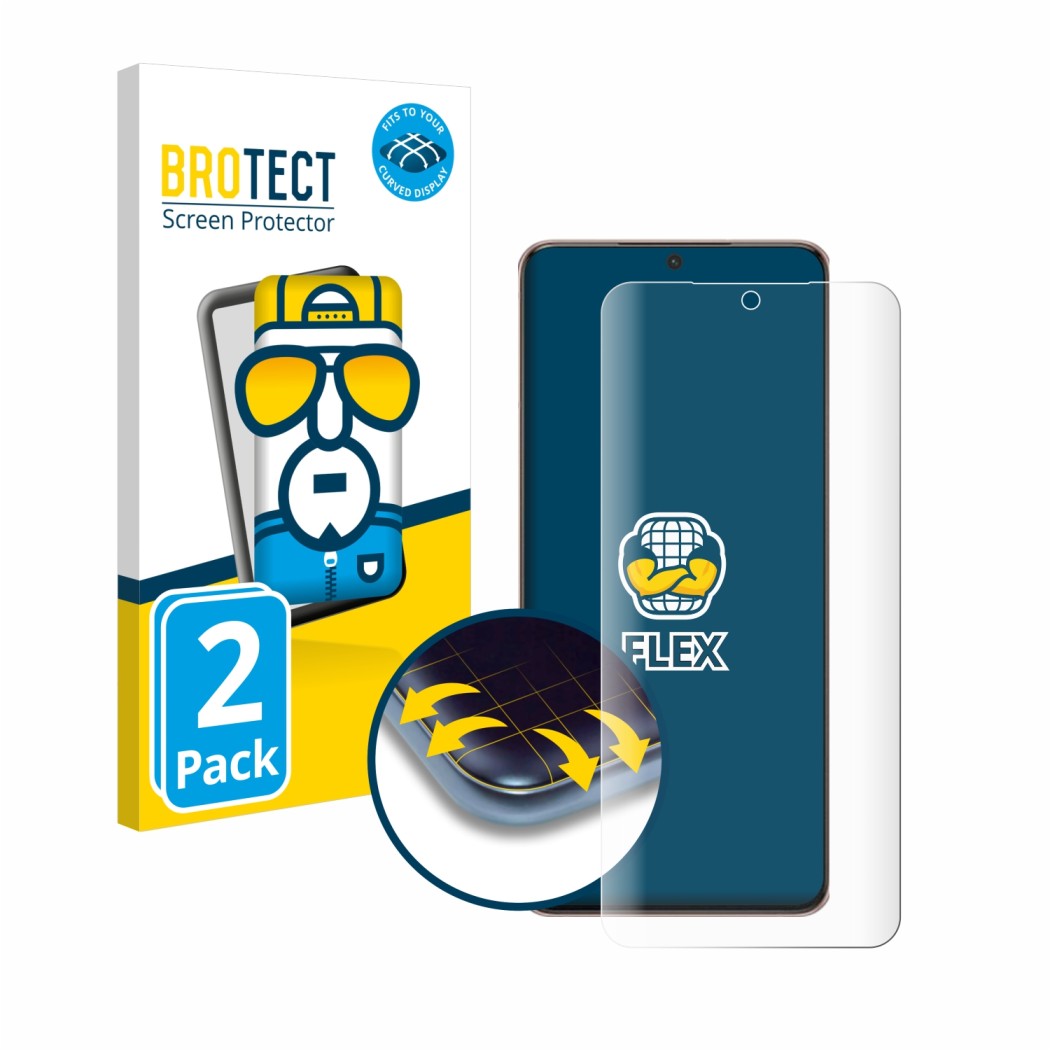 Front side of a product packaging with the brand logo BROTECT. Next to it is the device Samsung Galaxy S21 Plus 5G shown with 