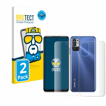 Face avant d’un emballage produit avec le logo de la marque BROTECT. À côté, l’appareil Xiaomi Redmi Note 10 5G (Avant+Arrière