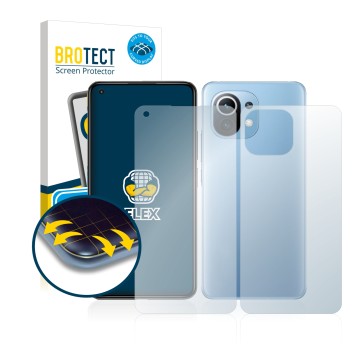 Face avant d’un emballage produit avec le logo de la marque BROTECT. À côté, l’appareil Xiaomi Mi 11 Lite 5G (Avant+Arrière) e