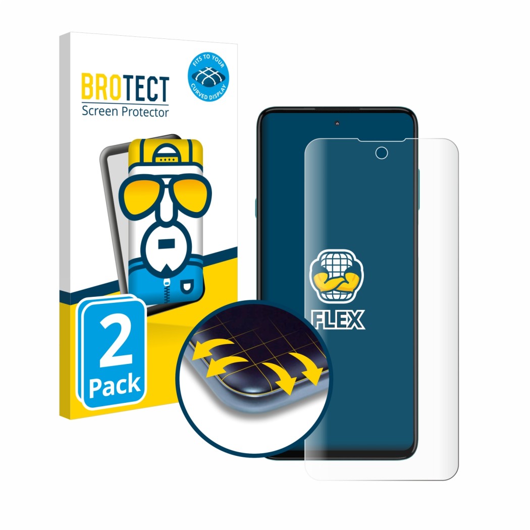 Front side of a product packaging with the brand logo BROTECT. Next to it is the device Motorola Edge 20 Lite shown with the c