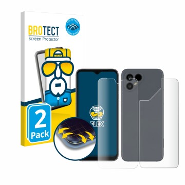 Face avant d’un emballage produit avec le logo de la marque BROTECT. À côté, l’appareil Fairphone 4 (Avant+Arrière) est représ