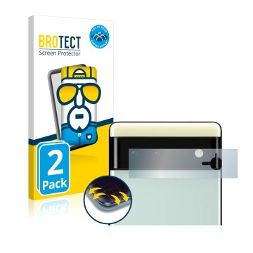 Face avant d’un emballage produit avec le logo de la marque BROTECT. À côté, l’appareil Google Pixel 6 (Caméra UNIQUEMENT) est