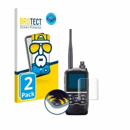 Parte frontal de un envase de producto con el logotipo de la marca BROTECT. Al lado se muestra el dispositivo Icom ID-52E con 