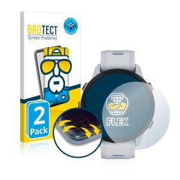 Front side of a product packaging with the brand logo BROTECT. Next to it is the device Garmin Forerunner 955 Solar shown with