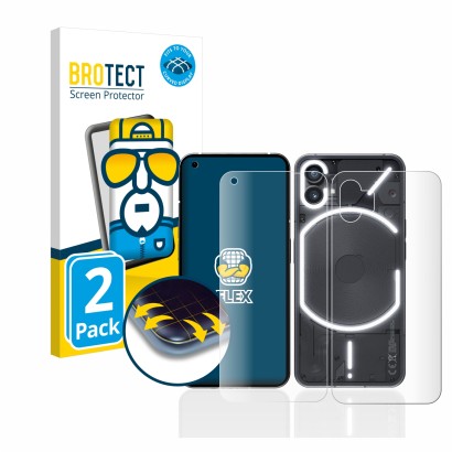 Front side of a product packaging with the brand logo BROTECT. Next to it is the device Nothing Phone (1) (Front+Back) shown w
