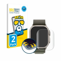 Front side of a product packaging with the brand logo BROTECT. Next to it is the device Apple Watch Ultra (49 mm) shown with t