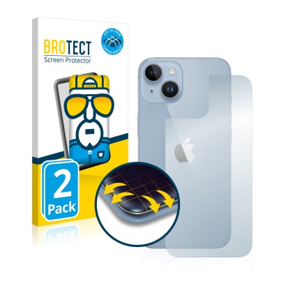 Face avant d’un emballage produit avec le logo de la marque BROTECT. À côté, l’appareil Apple iPhone 14 (Arrière) est représen