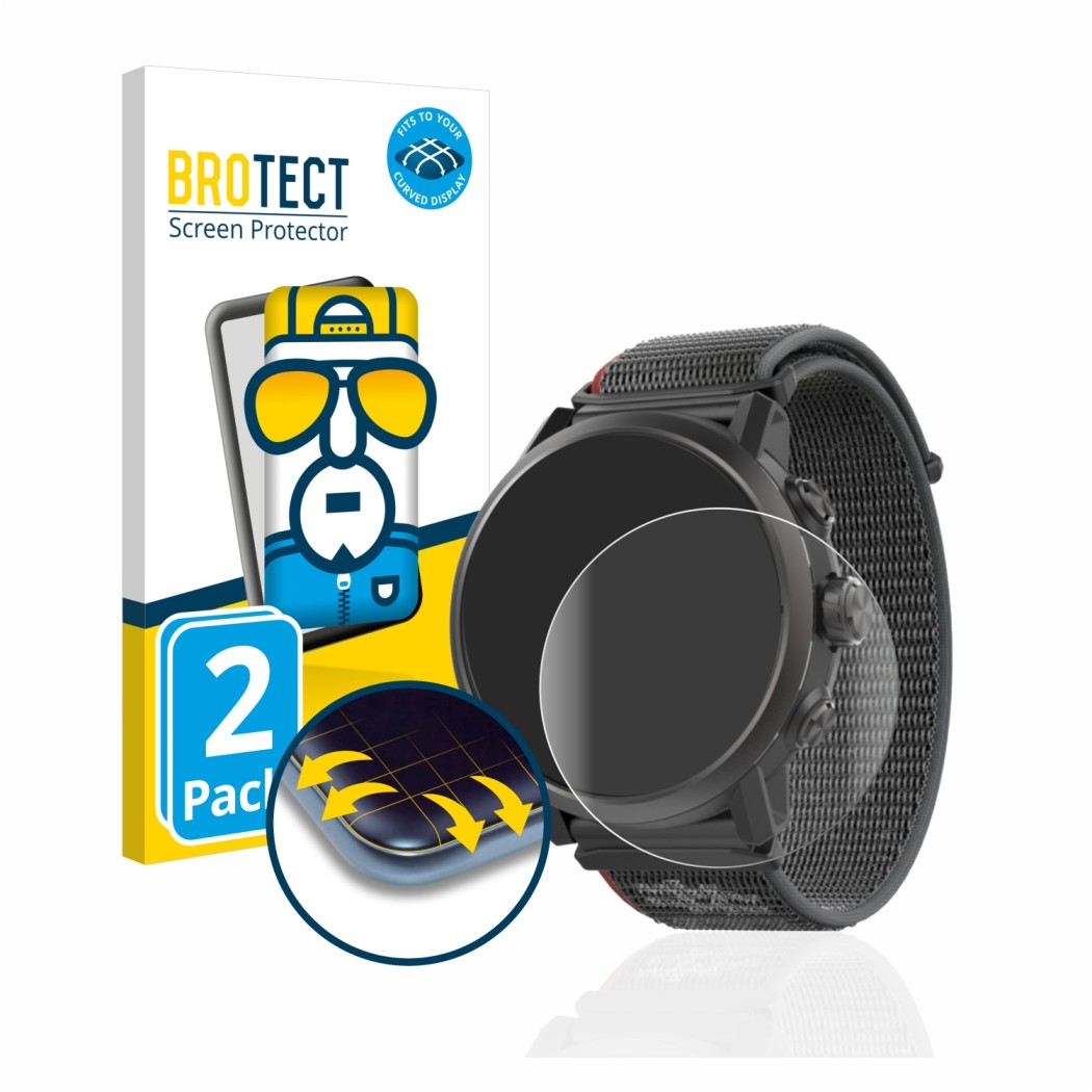 Face avant d’un emballage produit avec le logo de la marque BROTECT. À côté, l’appareil Coros Apex 2 est représenté avec la pr