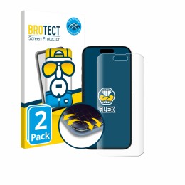 Parte frontal de un envase de producto con el logotipo de la marca BROTECT. Al lado se muestra el dispositivo Apple iPhone 15 