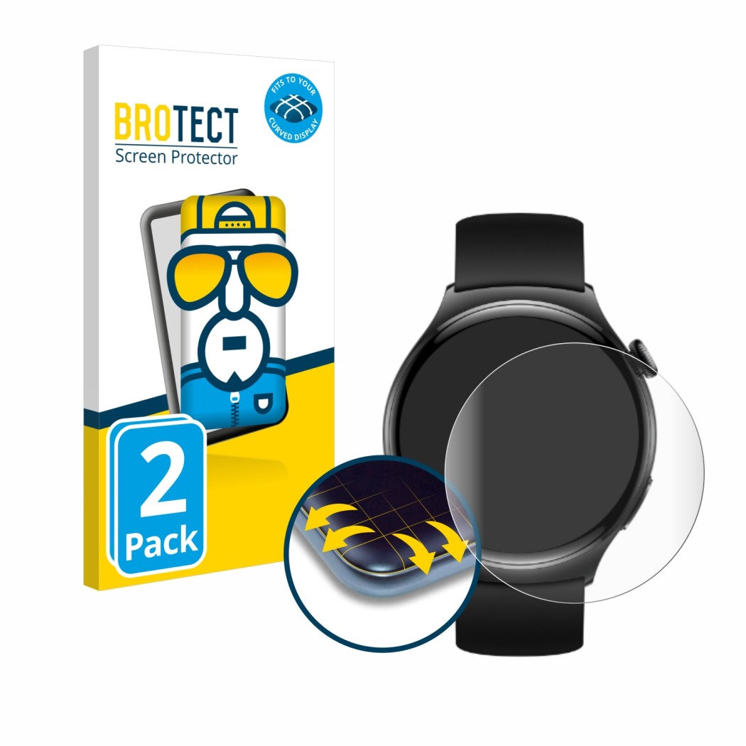 Vorderseite einer Produktverpackung mit dem Markenlogo BROTECT. Daneben ist das Gerät Huawei Watch 4 mit dem zugehörigen Displ