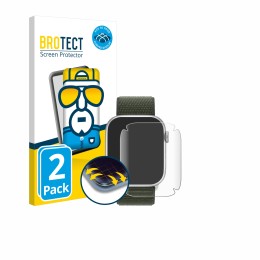 Parte frontal de un envase de producto con el logotipo de la marca BROTECT. Al lado se muestra el dispositivo Apple Watch Seri