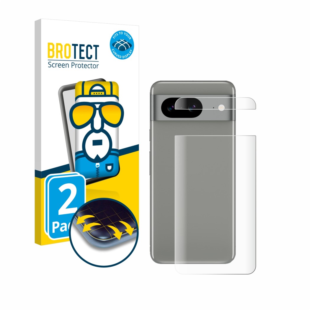 Front side of a product packaging with the brand logo BROTECT. Next to it is the device Google Pixel 8 (Back) shown with the c