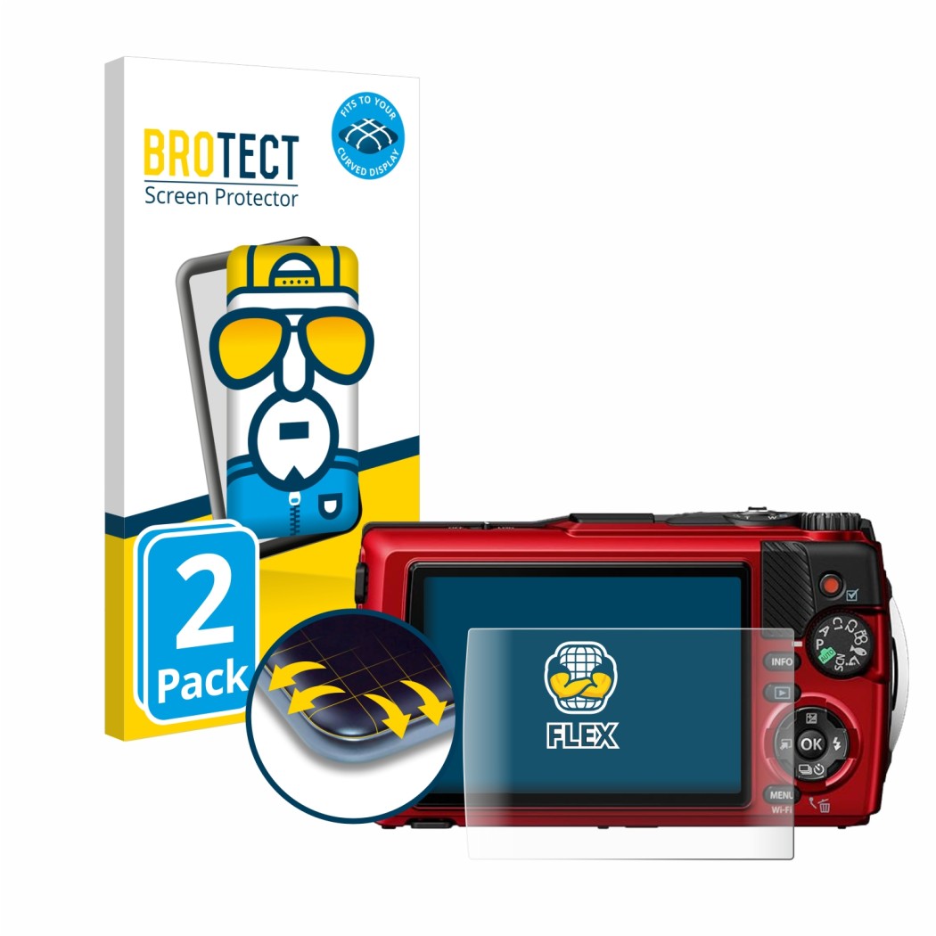 Face avant d’un emballage produit avec le logo de la marque BROTECT. À côté, l’appareil Olympus OM System Tough TG-7 est repré